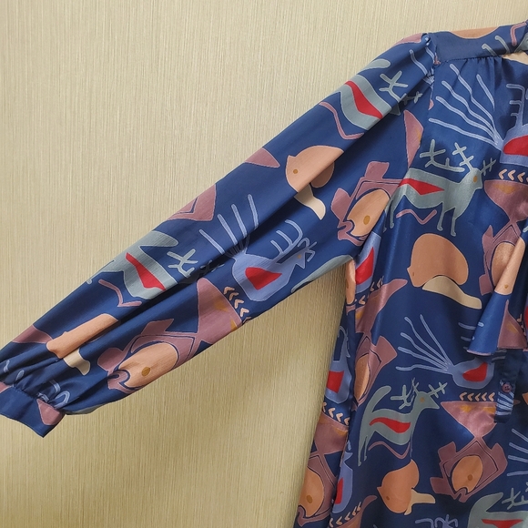 Vintage Art Deco Dress Tribal Print w/ Pockets & Pussybow Neckline - Picture 6 of 16